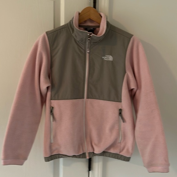 Gently worn The North Face Big kids Denali Jacket. Pink and gray. Cuffs stained. - Picture 1 of 6